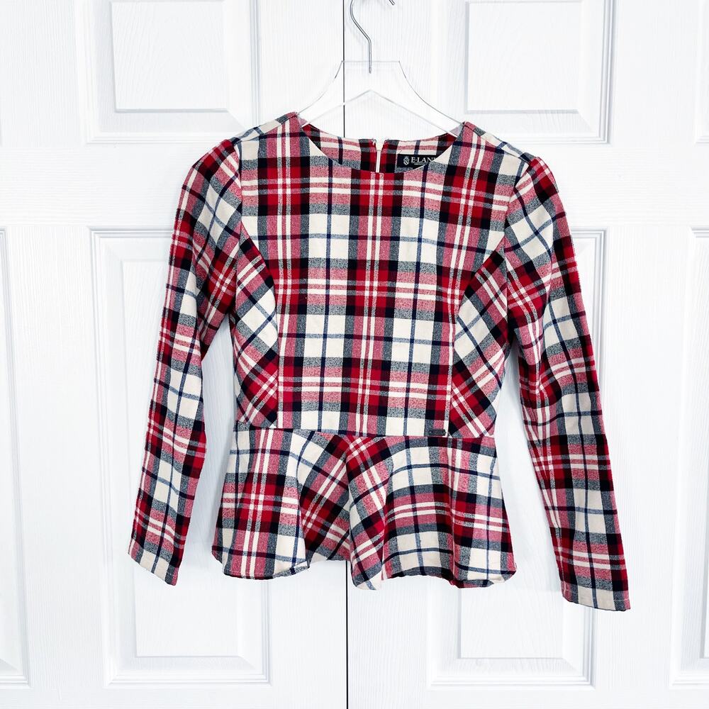 Tartan Preppy Holiday Academia Twee E-Land Plaid Flannel Peplum Top Red Cream